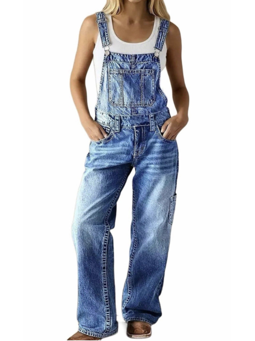 Flamingals Straight Leg Baggy Denim Overalls L